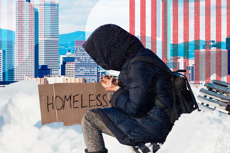 Photo illustration: A woman sits on a bench in the winter next to a sign that reads "Homeless."